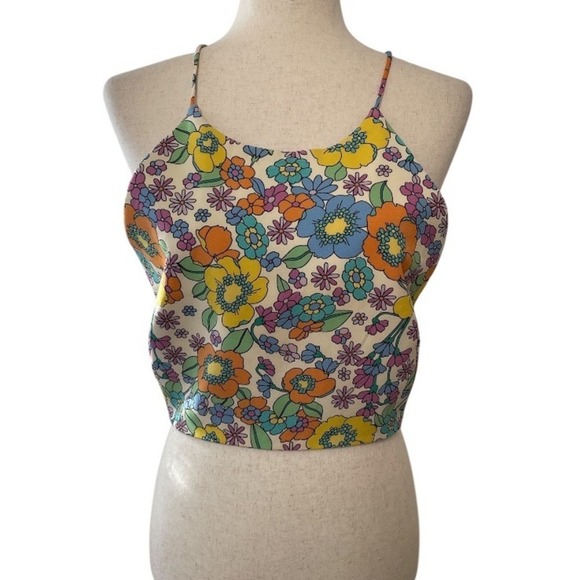 Zara Tops - Zara Floral Print Crop Top Sleeveless Tie Back Colorful Summer Retro Size L